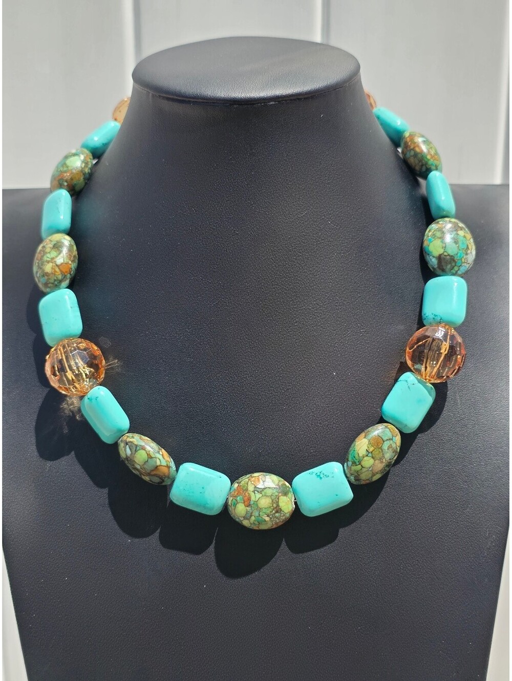 Chunky Turquoise Necklace, Bright Blue & Amber Glass Beads, 128g Southwestern